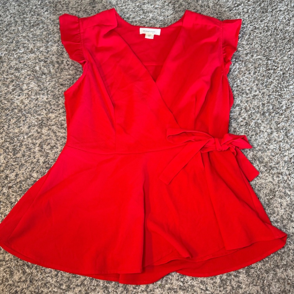 Monteau Los Angeles Red Wrap Peplum Blouse Ruffle Sleeve XL